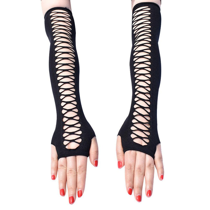 a woman wear gothic vintage party ragged cutout mesh stretch gloves