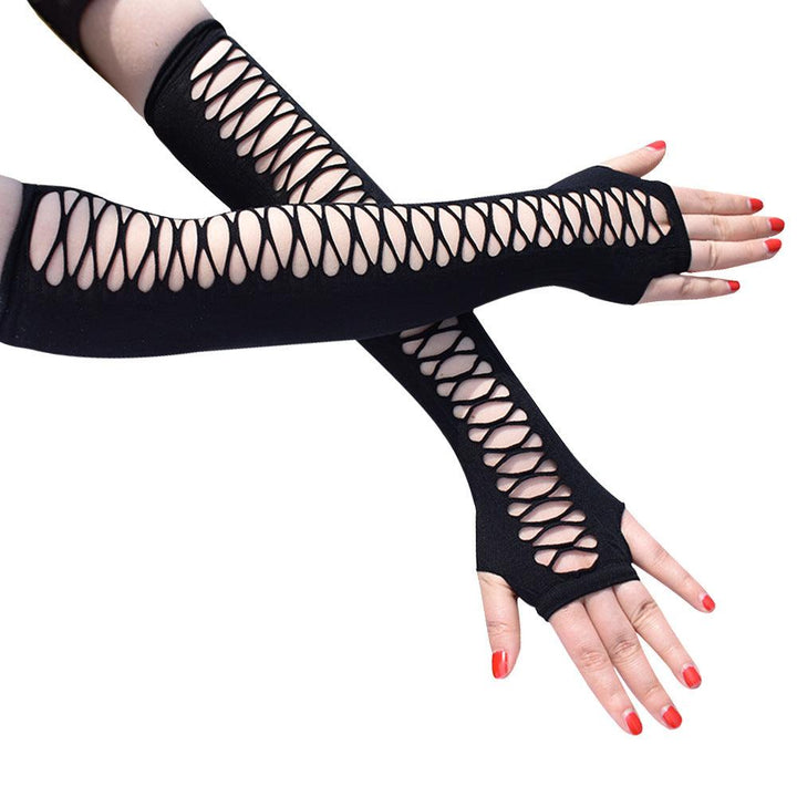 a woman wear gothic vintage party ragged cutout mesh stretch gloves