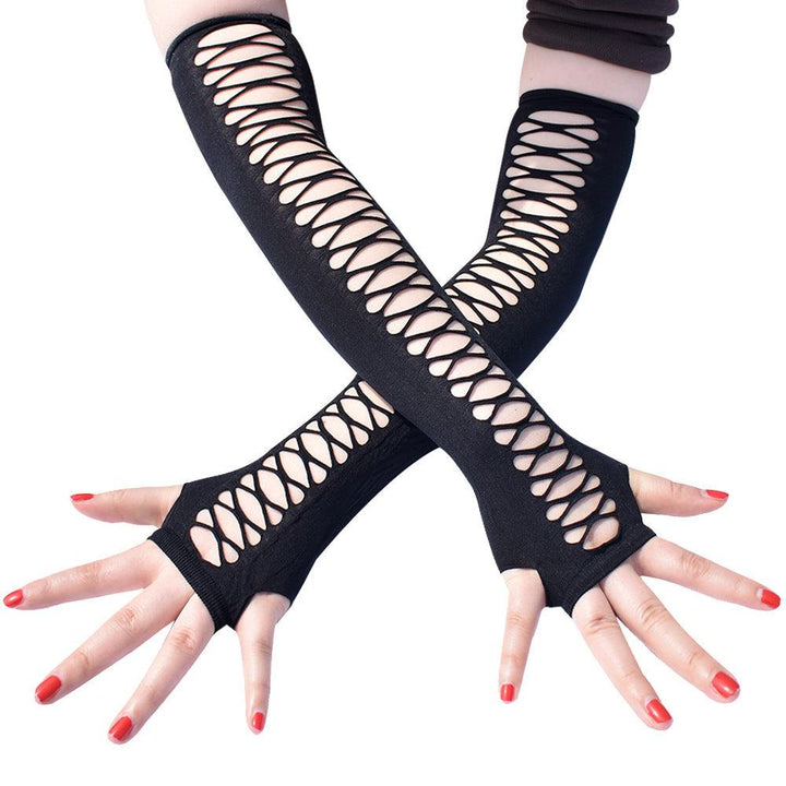 a woman wear gothic vintage party ragged cutout mesh stretch gloves