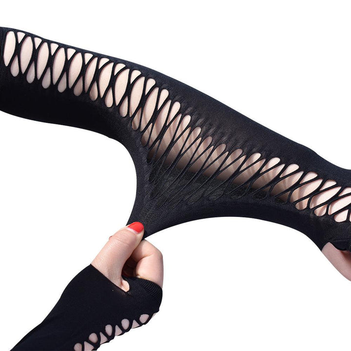 a woman wear gothic vintage party ragged cutout mesh stretch gloves