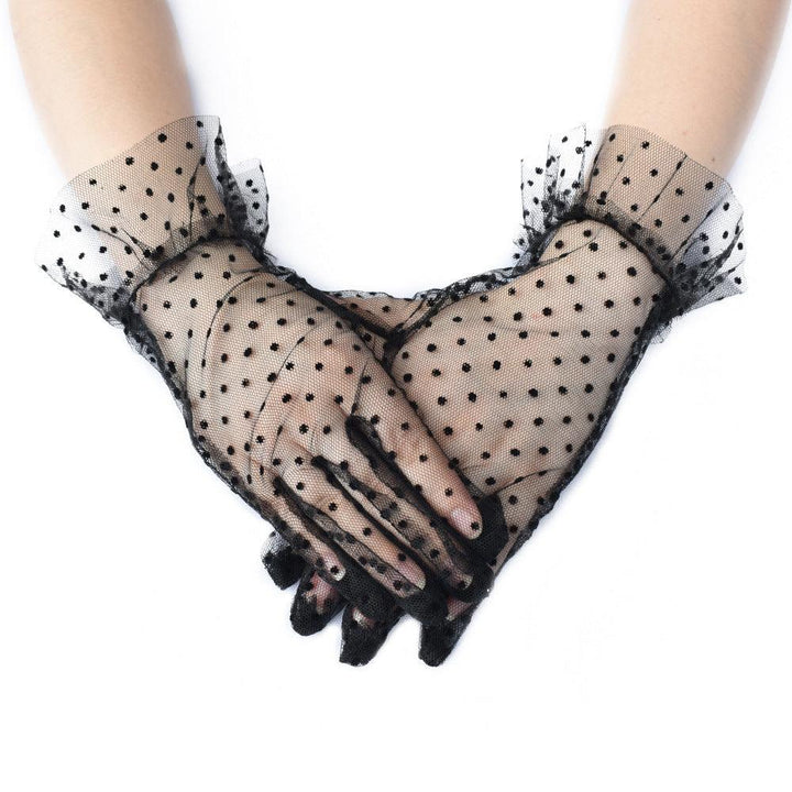 gothic wedding mesh black and white polka dot short gloves