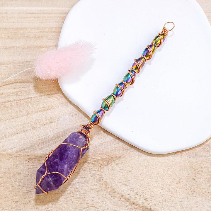 hexagonal amethyst crystal magic energy wand with gold wire wrapping