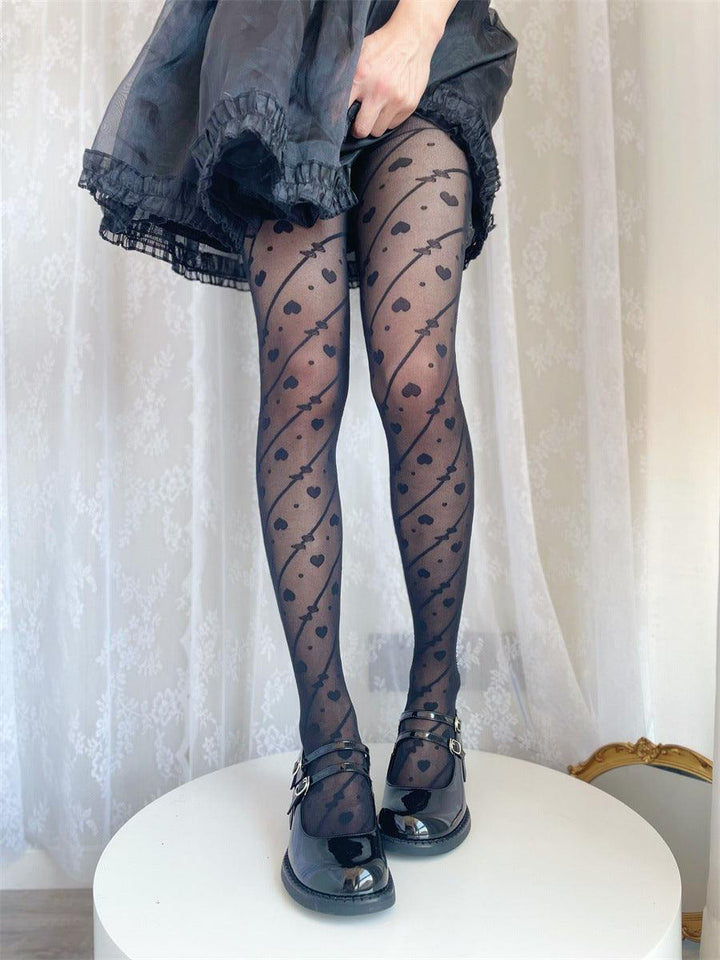 lolita style heart pattern black silk pantyhose