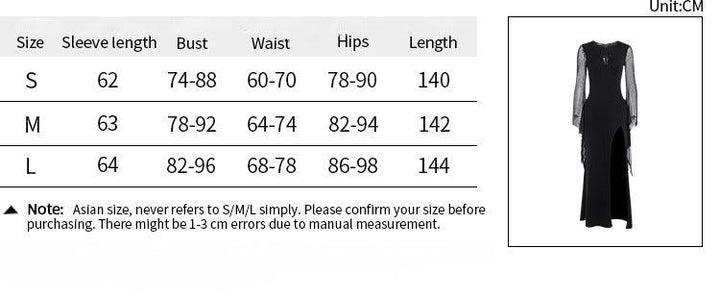 size chart of a long sleeve black gothic wedding dress