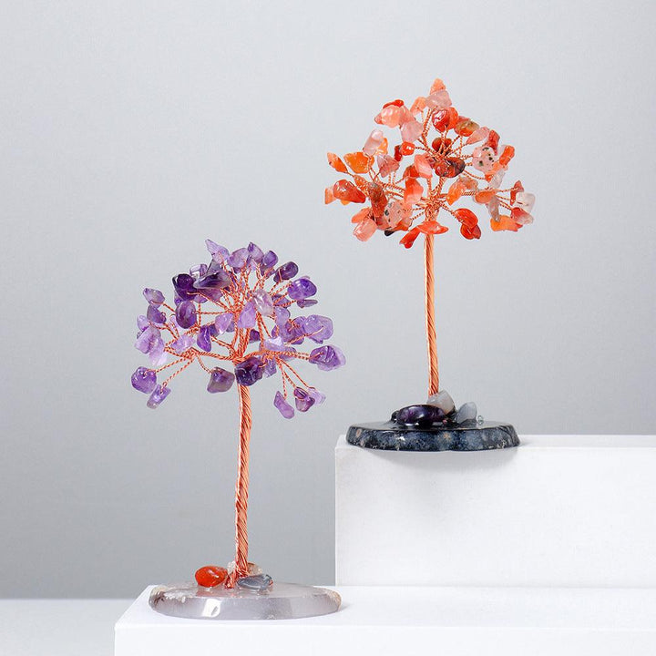 two mini natural crystal bonsai tree with agate base