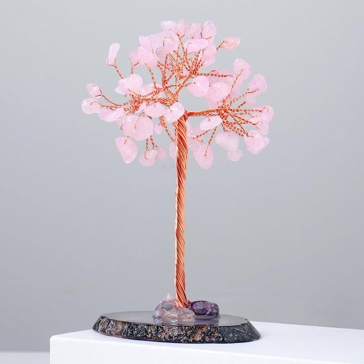 mini rose quartz crystal bonsai tree with agate base