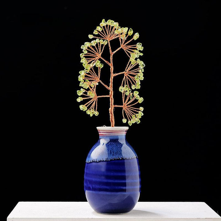 multi color olivine crystal bonsai tree with blue ceramic vase base