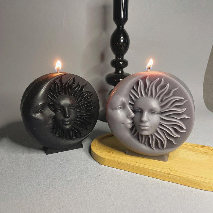 mythical goddess sun moon face aromatherapy scented candles on the table 