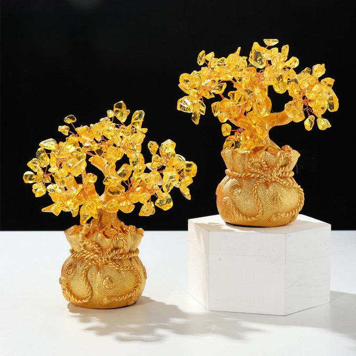 two natural citrine crystal bonsai tree with wealth bowl base