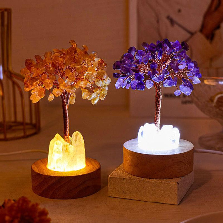 two natural crystal bonsai tree night light with wooden base