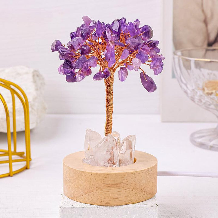 amethyst crystal bonsai tree night light with wooden base