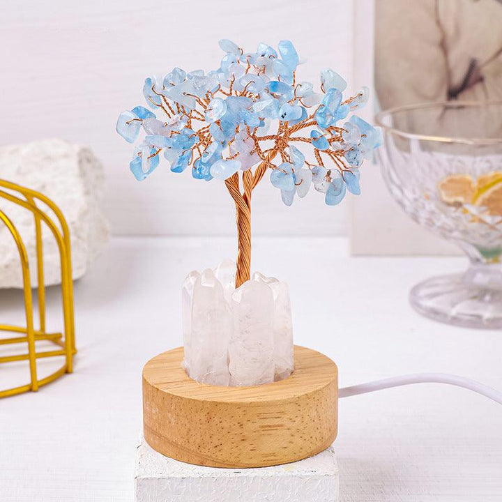 aquamarine crystal bonsai tree night light with wooden base