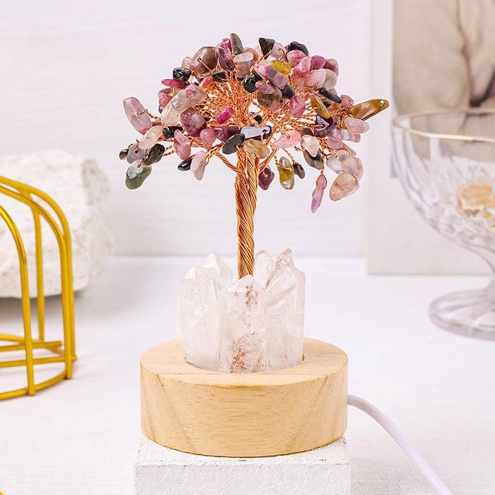 tourmaline crystal bonsai tree night light with wooden base