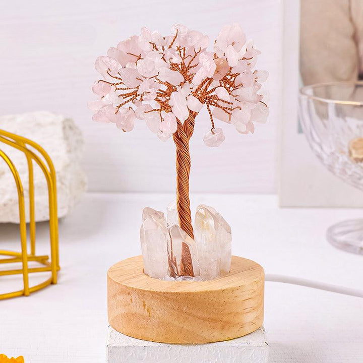 rose quartz crystal bonsai tree night light with wooden base