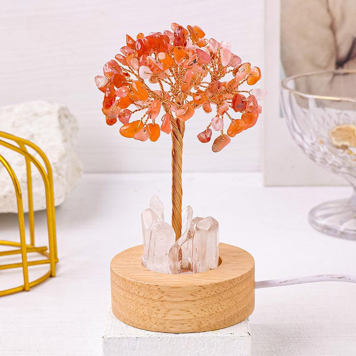 red agate crystal bonsai tree night light with wooden base