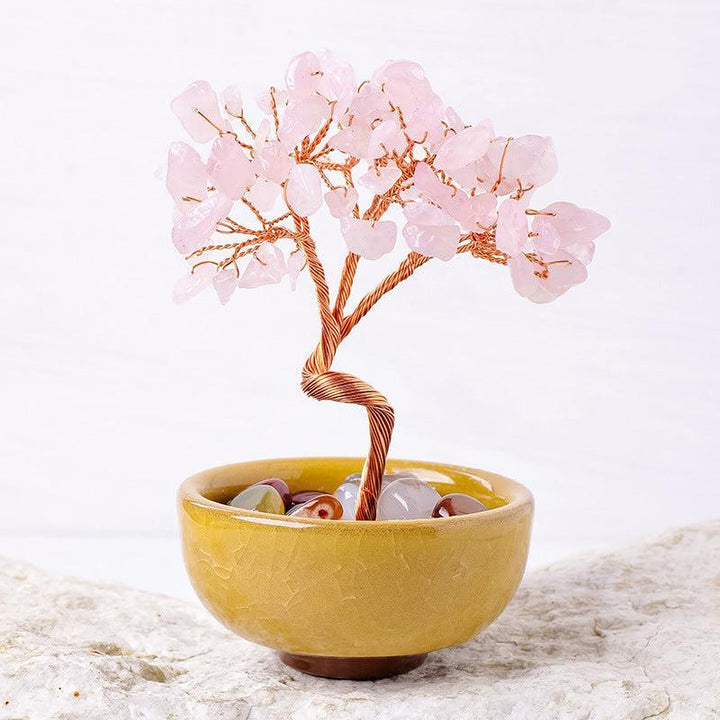 rose quartz crystal bonsai tree with agate treasure bowl