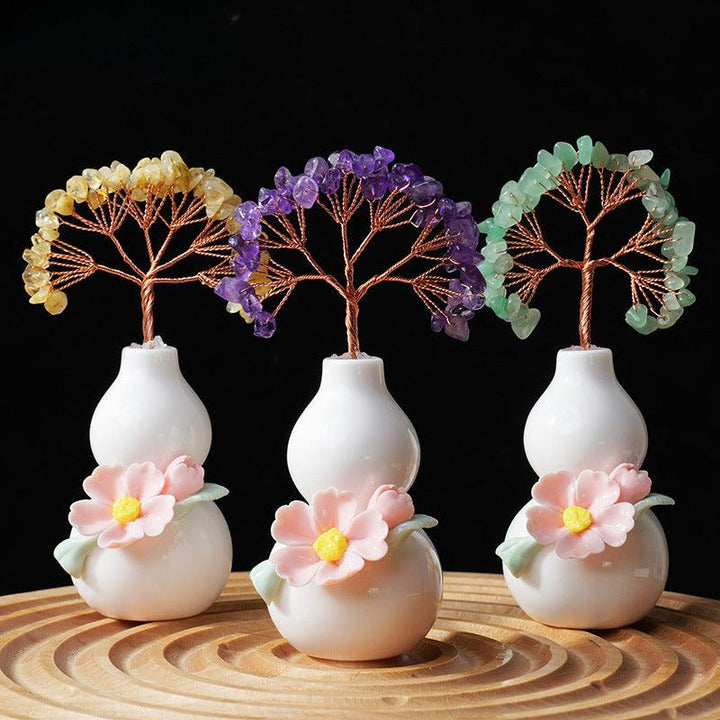 three natural crystal bonsai tree with ceramic gourd base