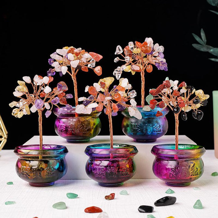 five natural crystal bonsai tree with colorful treasure bowl base