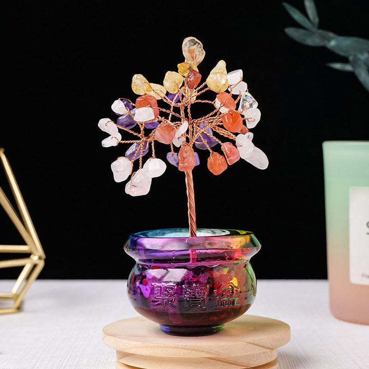 amethyst crystal bonsai tree with colorful treasure bowl base