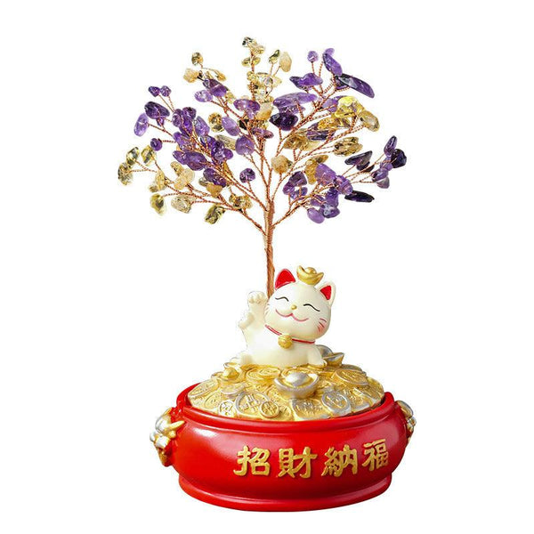 natural crystal bonsai tree with lucky cat wealth pot base