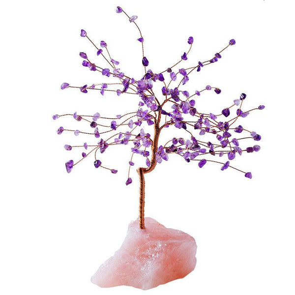 natural crystal bonsai tree with raw rose quartz base