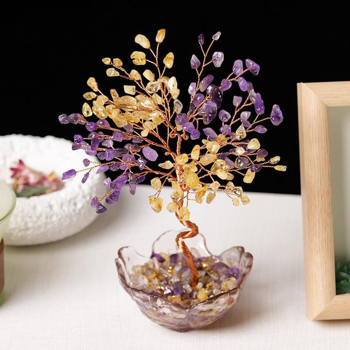 natural crystal bonsai tree with sakura bowl base on the table