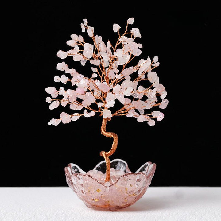 rose quartz crystal bonsai tree with sakura bowl base