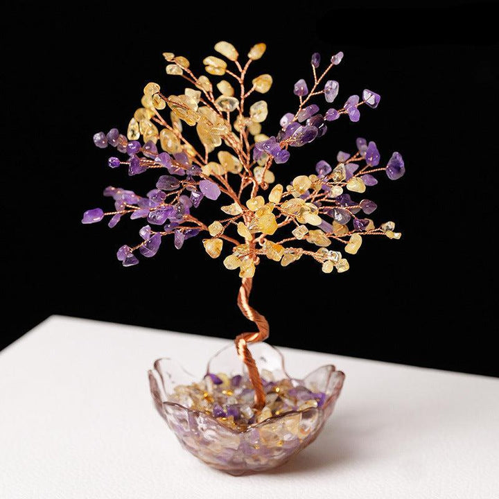 citrine and amethyst crystal bonsai tree with sakura bowl base