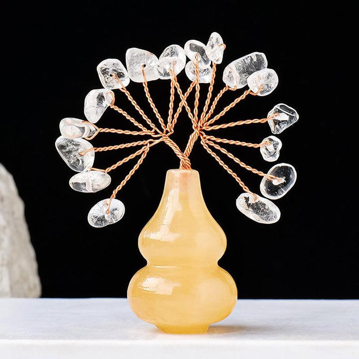 Clear Quartz crystal bonsai tree with yellow jade gourd base