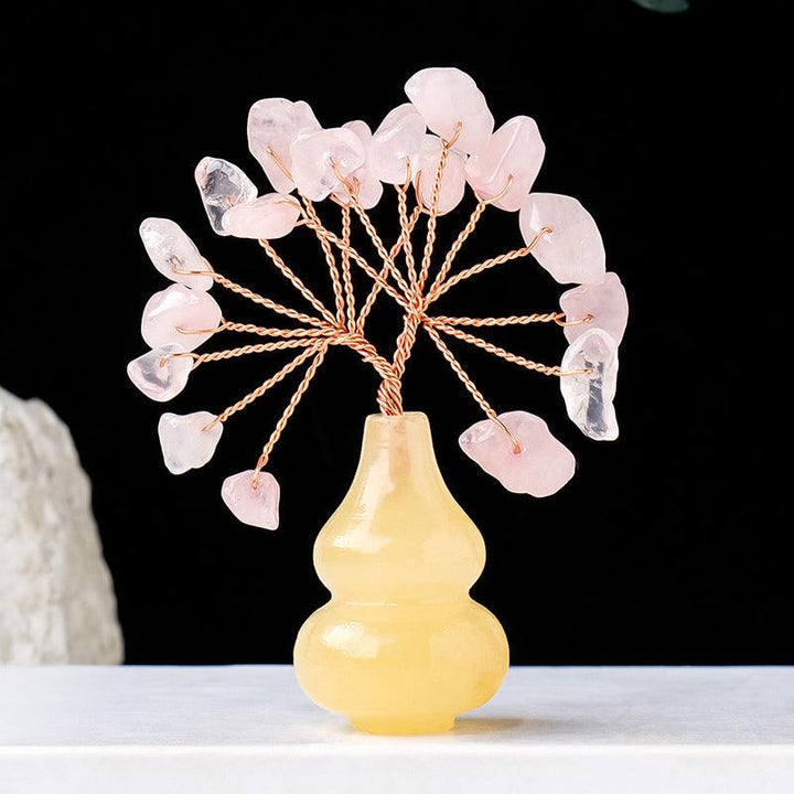 rose quartz crystal bonsai tree with yellow jade gourd base