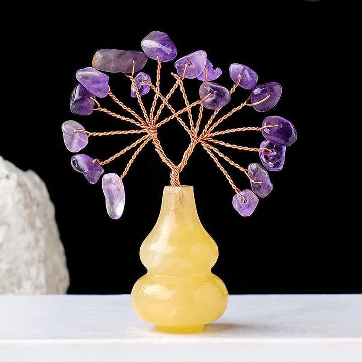 amethyst crystal bonsai tree with yellow jade gourd base