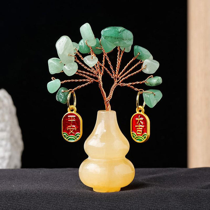 aventurine crystal bonsai tree with yellow jade gourd base and pendant