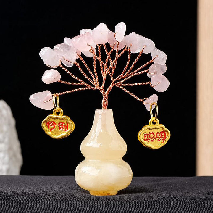 rose quartz crystal bonsai tree with yellow jade gourd base and pendant