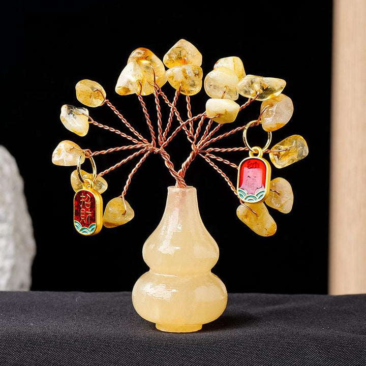 citrine crystal bonsai tree with yellow jade gourd base and pendant