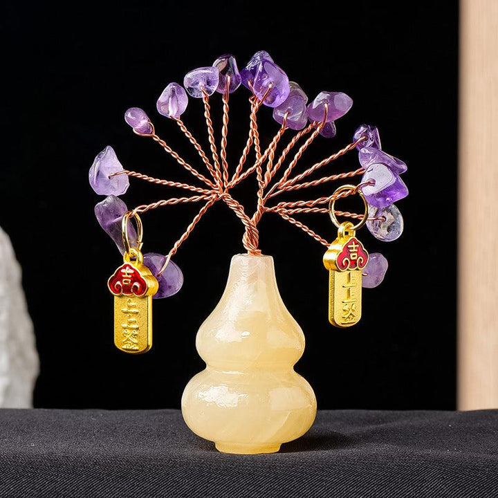 amethyst crystal bonsai tree with yellow jade gourd base and pendant