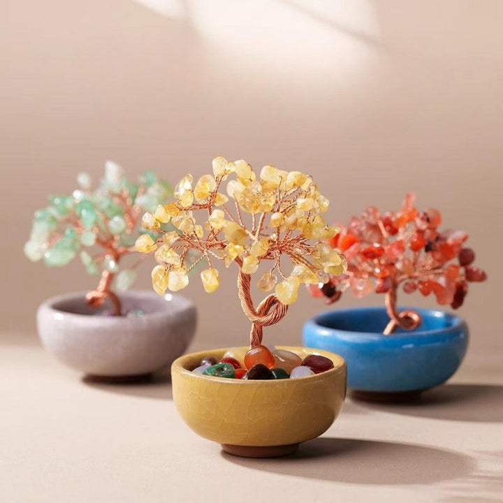 three natural crystal chip tea cup base bonsai tree