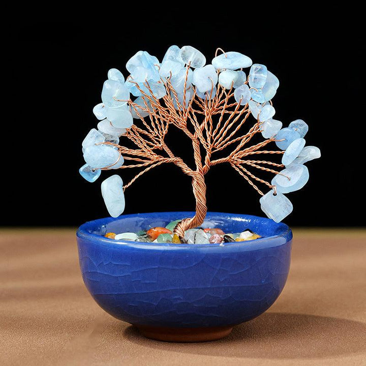 aquamarine crystal chip tea cup base bonsai tree