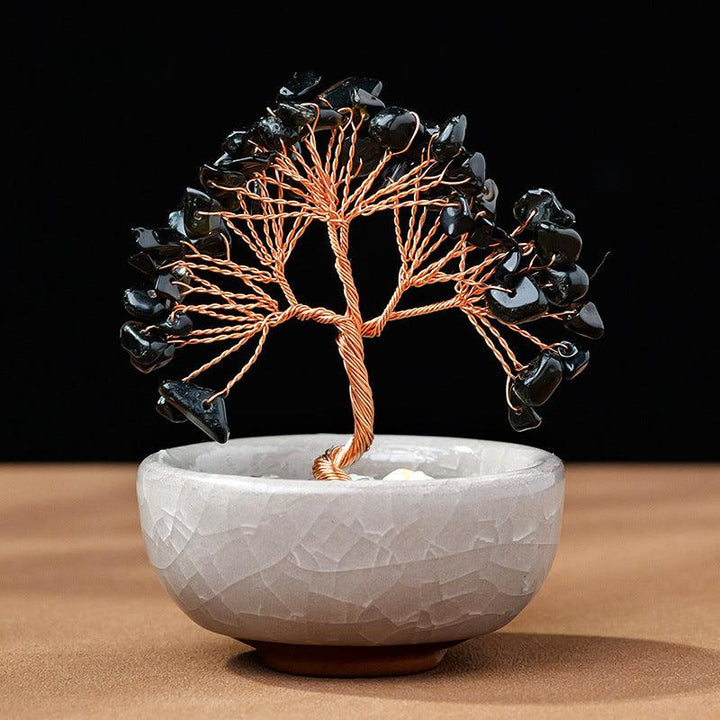 obsidian crystal chip tea cup base bonsai tree