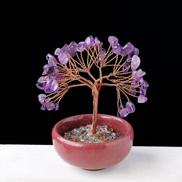 amethyst crystal chip tea cup base bonsai tree