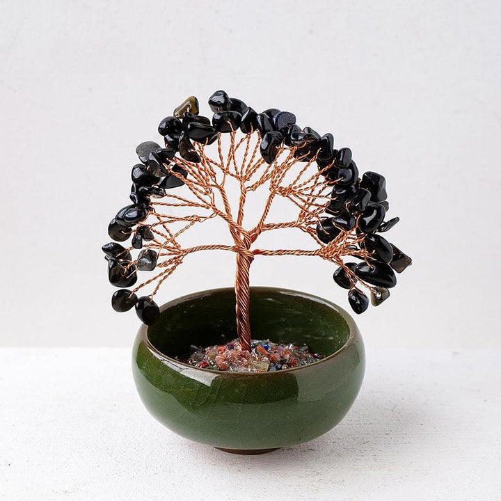 obsidian crystal chip tea cup base bonsai tree