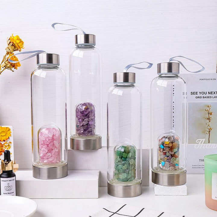 four natural crystal healing energy glass water bottle