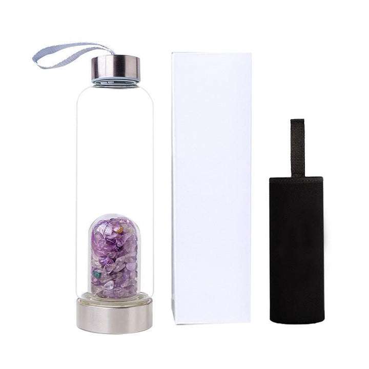 details of natural crystal healing energy glass water bottle