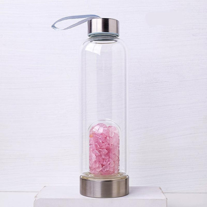 Rose Quartz crystal healing energy glass water bottle