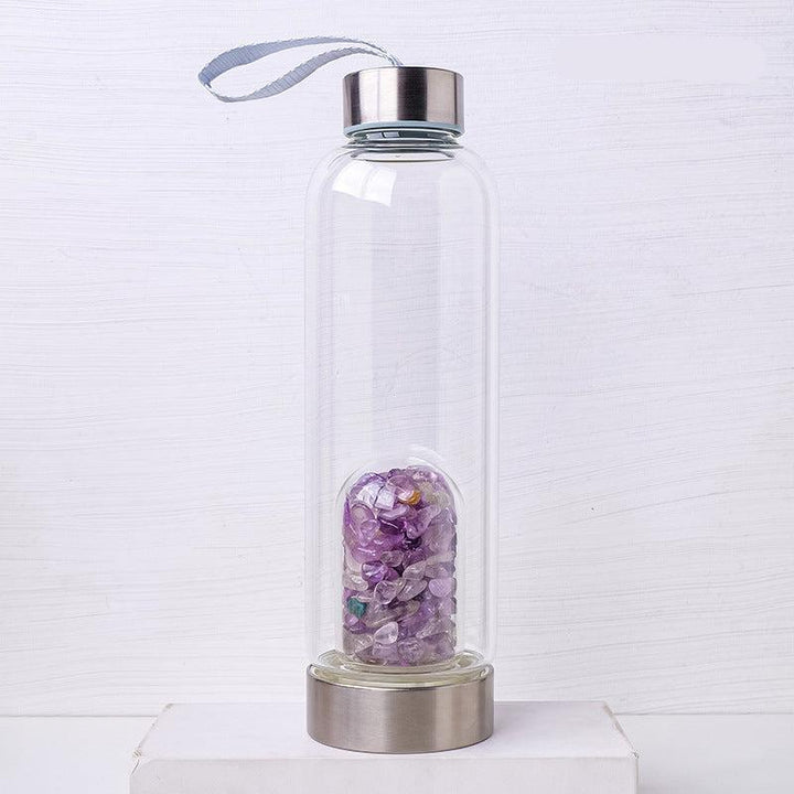 Amethyst crystal healing energy glass water bottle