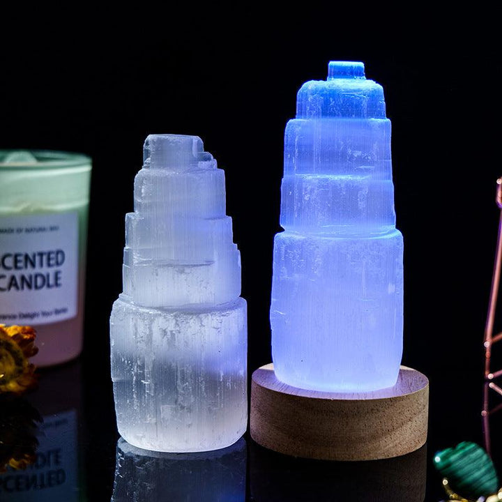 details of natural crystal selenite tower with led night light