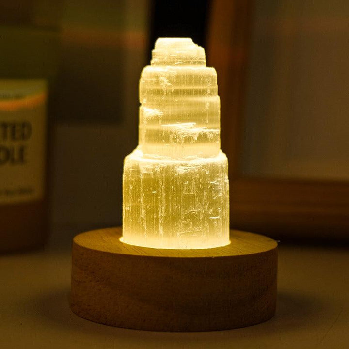 natural crystal selenite tower with led night light with 6.5cm led warm white