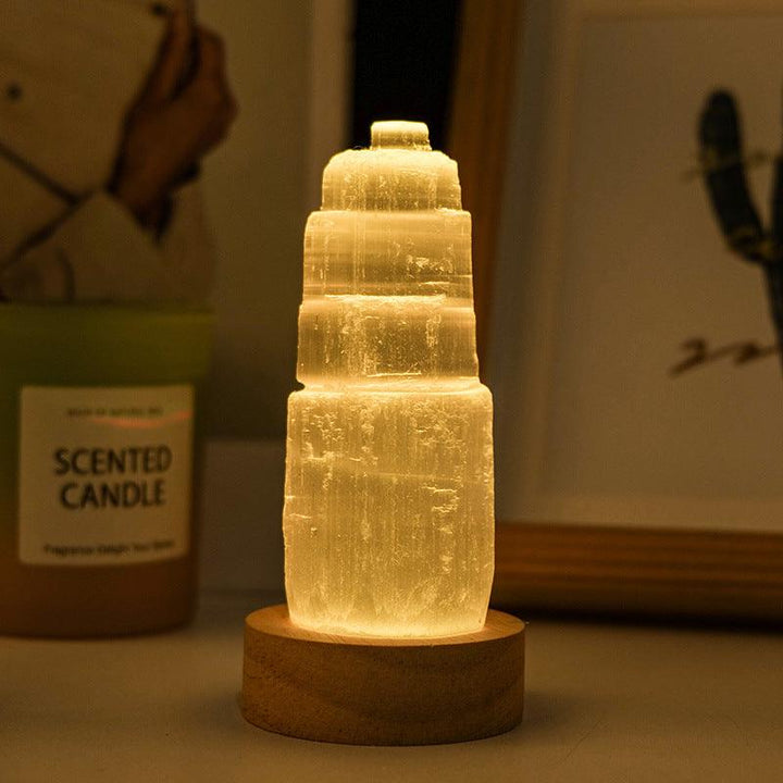 natural crystal selenite tower with led night light with 10cm led warm white