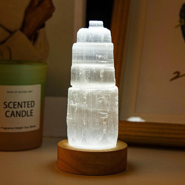 natural crystal selenite tower with led night light with 10cm led cold white