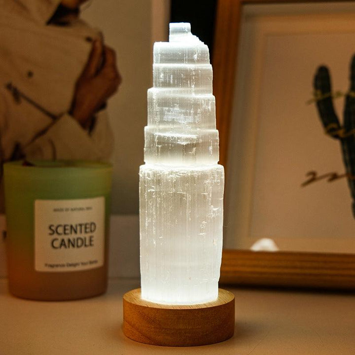 natural crystal selenite tower with led night light with 15cm led cold white