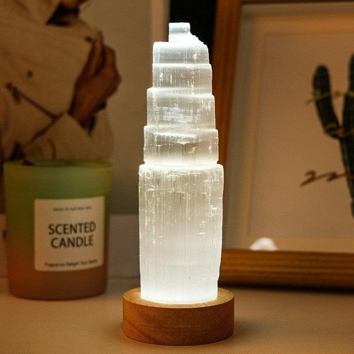 natural crystal selenite tower with led night light with 20cm led cold white